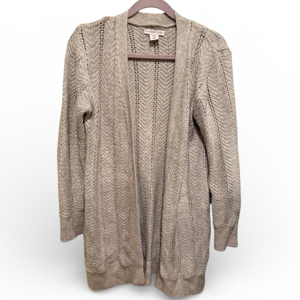 Sincerely Jules Oatmeal Pointelle Open Front Longline Cardigan Coastal Grandma M